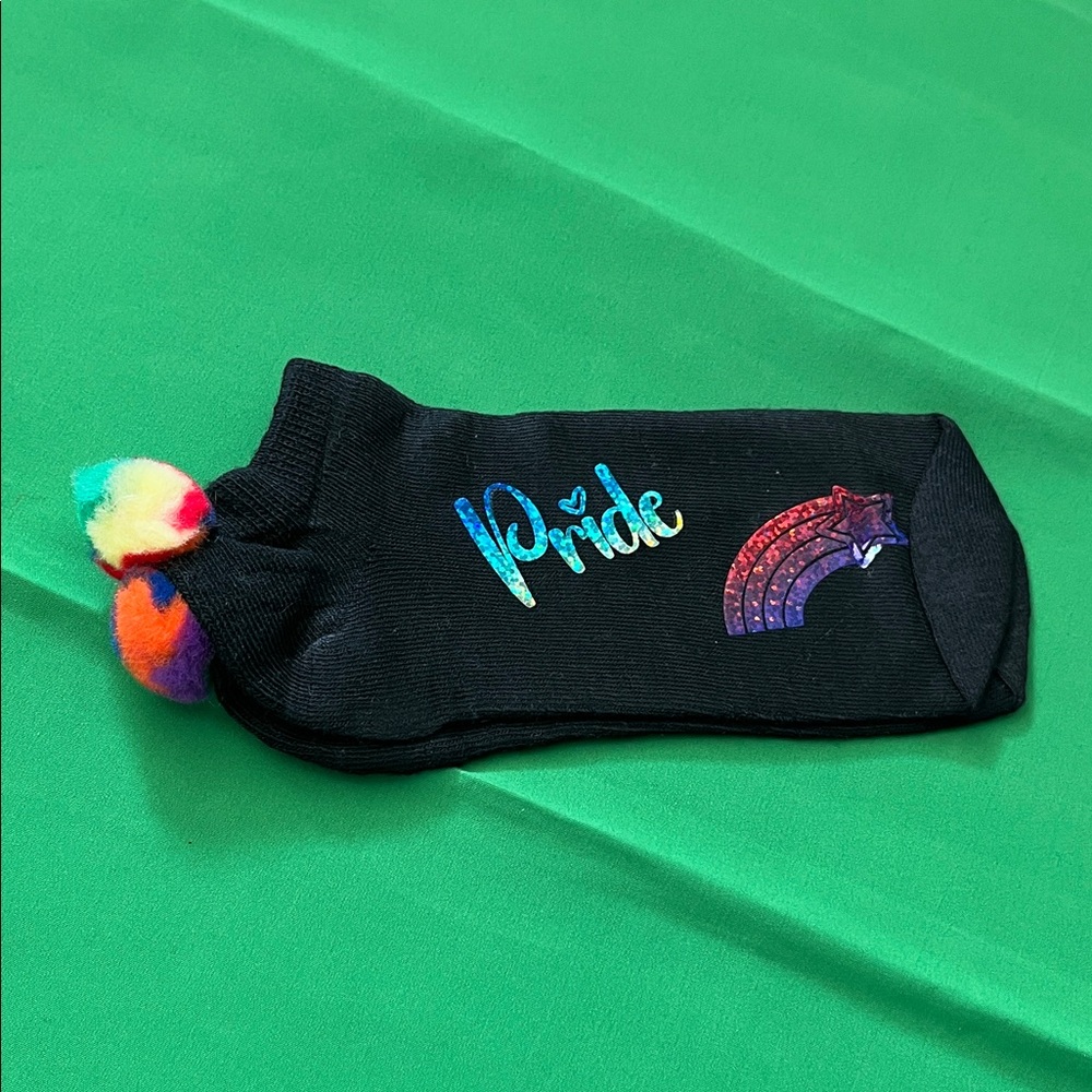 Black Custom Ankle Socks with Rainbow Pom-Poms